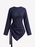 A navy blue long-sleeve wrap dress with a draped, asymmetrical skirt and tie detail, shown on a clean white background.