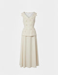 White two-piece suit with a vest and skirt on a white background ishq e amore linen
