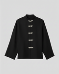 Black shirt with decorative buttons on a light gray background ishq e amore mandarin Soren top 